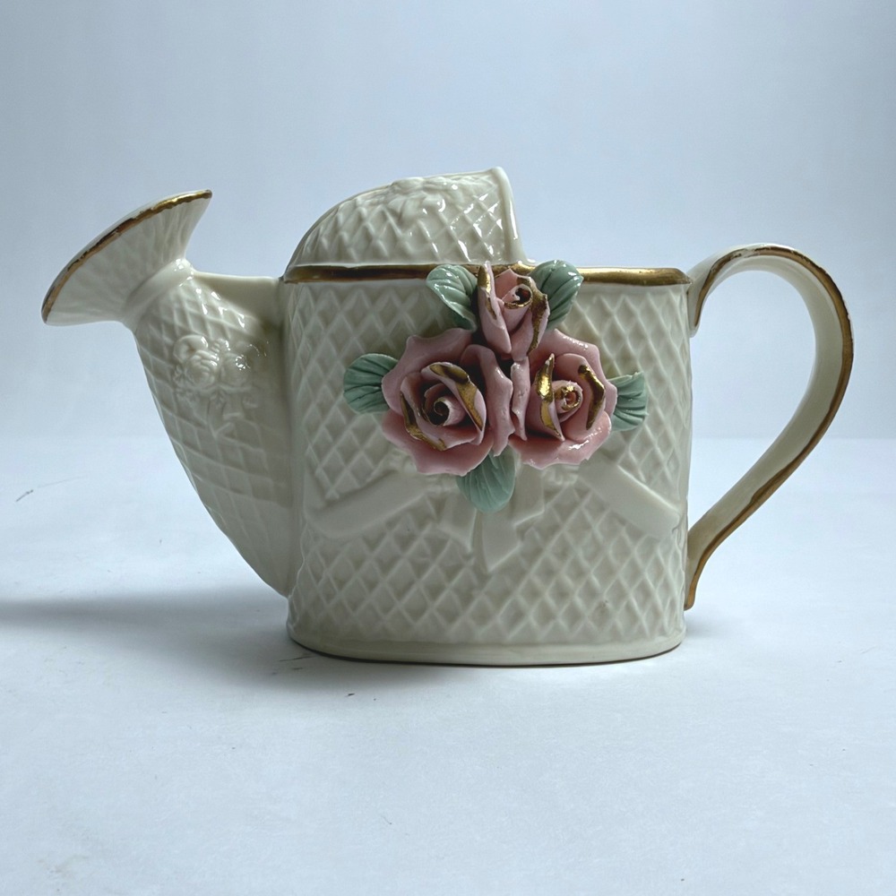 Vintage Cottagecore Ceramic Rose Watering Can Figurine - Small 4"